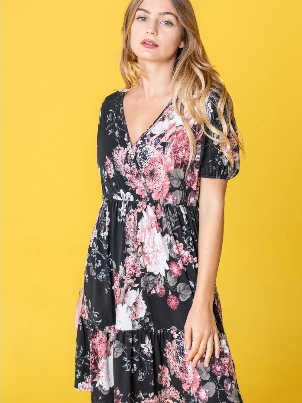 Black & Pink Floral V-Neck Midi Dress